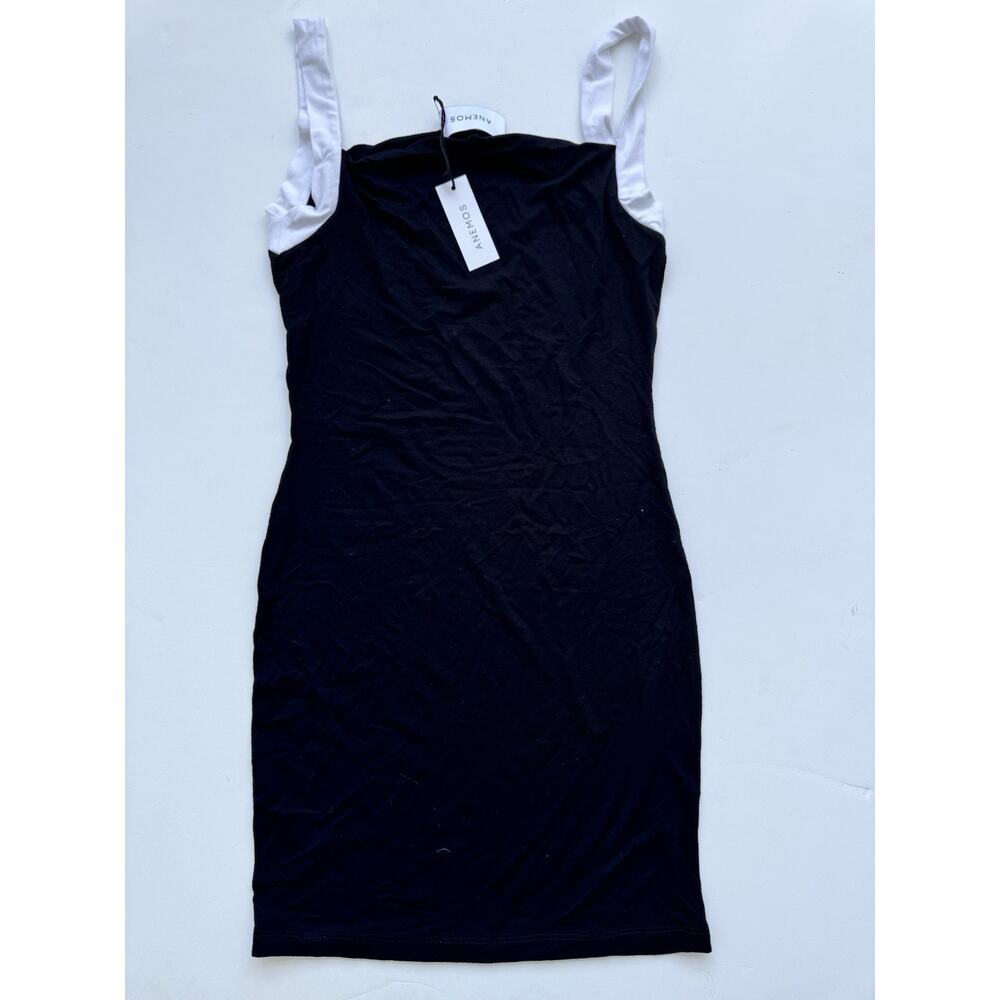 Anemos SQUARE NECK MINI TANK DRESS IN BLACK & WHITE CONTRAST STRAP JERSEY Small - Picture 2 of 4